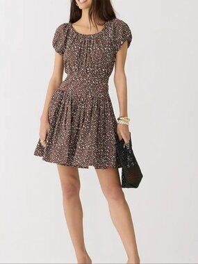J.Crew Brown Floral Drop Waist Mini Dress Puff Sleeve Cotton Size 6